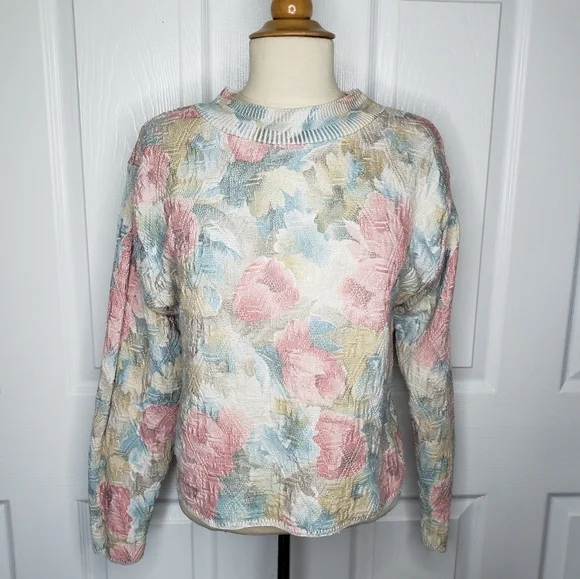 Vintage Y2K 1990s Floral Textured Cropped Sweater by S.W.A.K. Small Made in USA